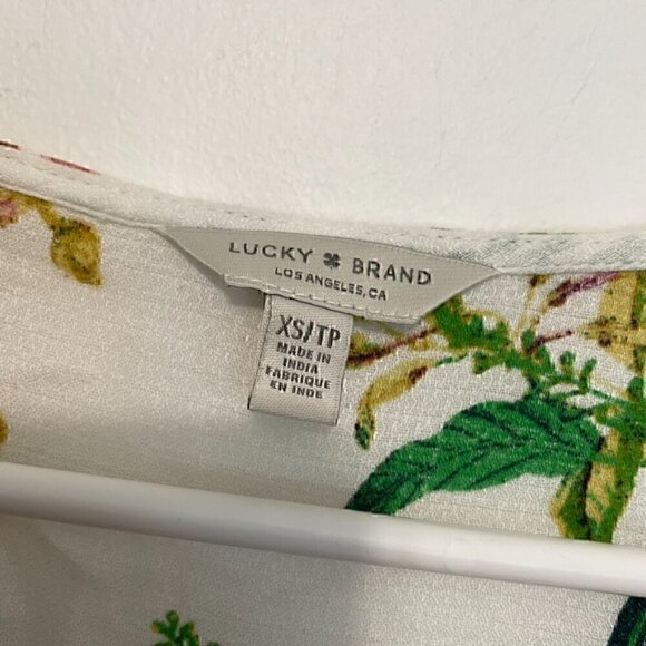 LUCKY BRAND Malia Peasant Top White Green Floral V-Neck Cutout Tie Long Sleeve - Picture 4 of 15